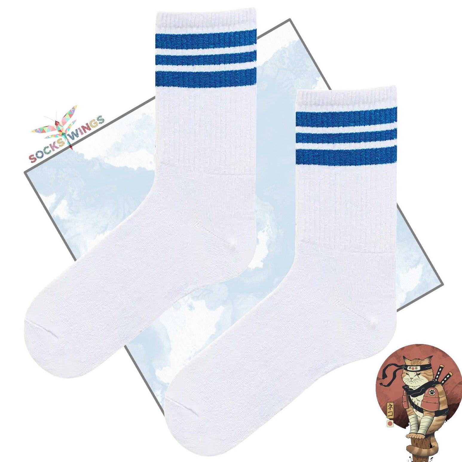 Blau Dreifach Linierte Weisse Socken