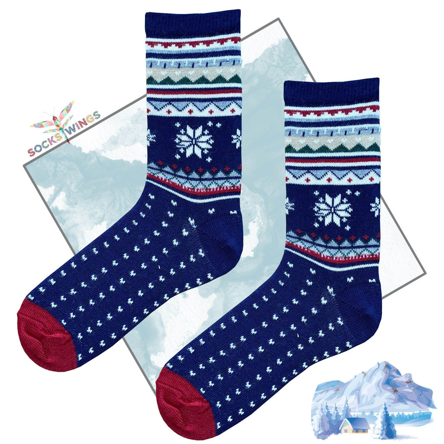 Marineblaue Schneeflocken Socken (aus Wolle)